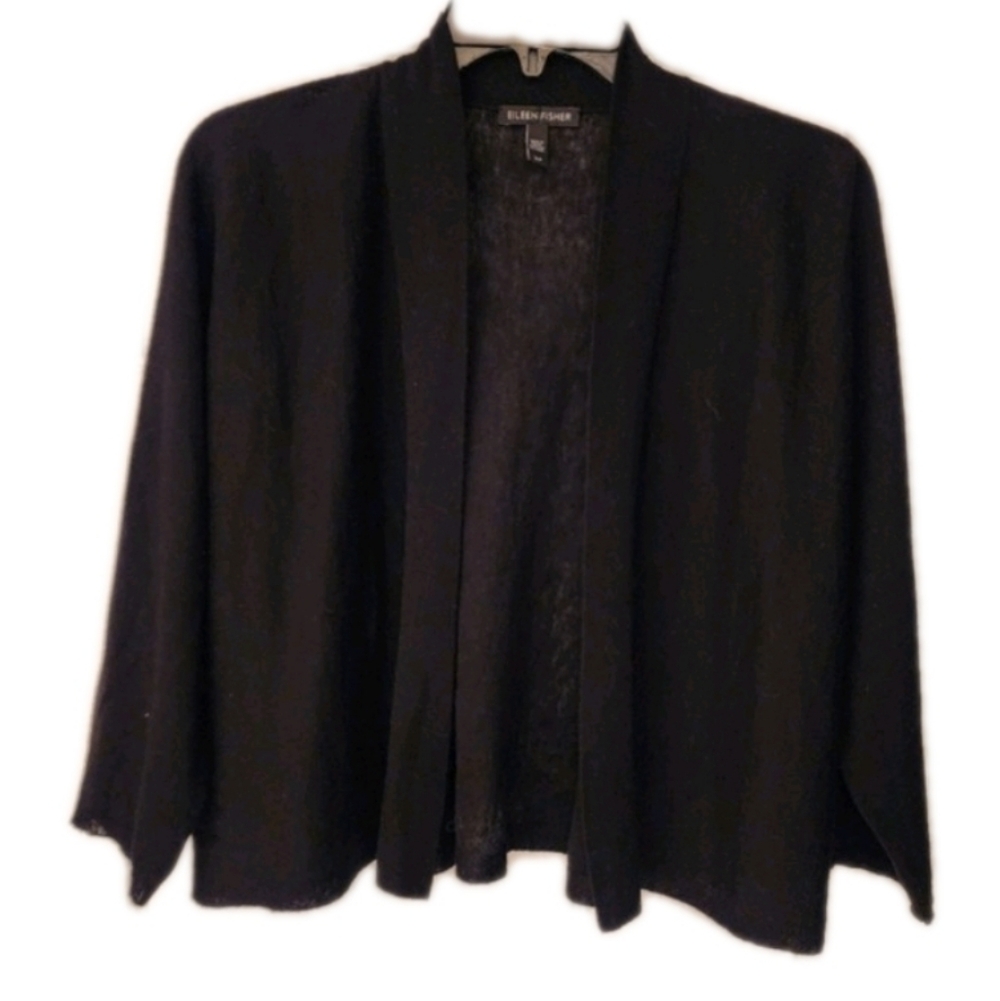 EILEEN Fisher Open Front Short Cardigan Tencel/Wool Blend In Black Size Small